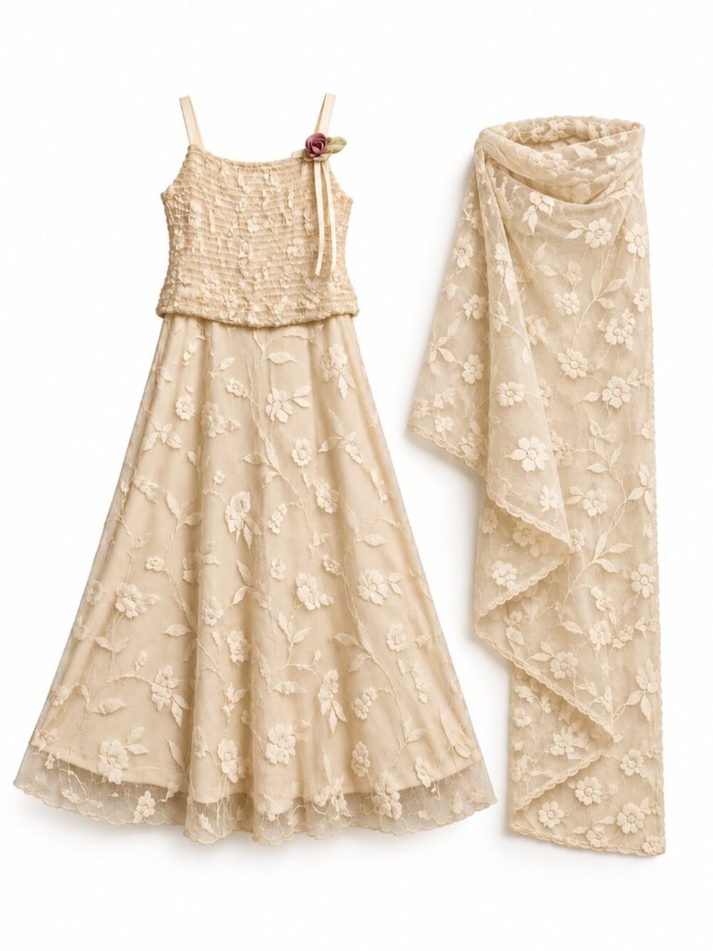 Biscotti Collezioni Girls 14 Ivory Lace Formal Dress Gown with Matching Shawl